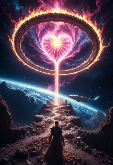 Epic cosmic scene, ultra-detailed, cinematic, 8K resolution.
View from above: A lone, battle-worn knight in intricate, weathered armor struggles forward, bent under the immense pressure of a radiant, flowing light. His outstretched hand reaches against the luminous force, his tattered cape billowing.
Before him, a colossal Dyson sphere-like ring encircles a soft pink, pulsating star, its metallic surface adorned with ancient, glowing runes. At its center, a heart-shaped fissure radiates a blinding celestial glow, beckoning yet overwhelming.
A mystical road of cosmic energy stretches toward the heart, suspended in the void, its surface littered with the skeletal remains and shattered armor of fallen travelers. Behind the knight, his sleek, futuristic spaceship remains docked at the road’s distant edge, contrasting the ancient spectacle ahead.
In the distance, Earth glows in the cosmic abyss, its orbit entwined with the enigmatic pink star. The scene is bathed in ethereal nebula hues, high-contrast lighting, and a sense of grandeur, mystery, and destiny.