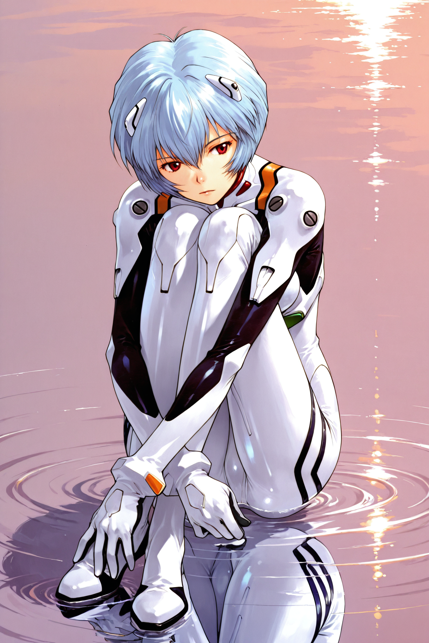 1girl,ayanami rei,solo,plugsuit,red eyes,bodysuit,white bodysuit,blue hair,short hair,sitting,reflection,hugging own legs,interface headset,gloves,water,pilot suit,
<lora:Okazaki Takeshi_illustriousXL:1.5>,