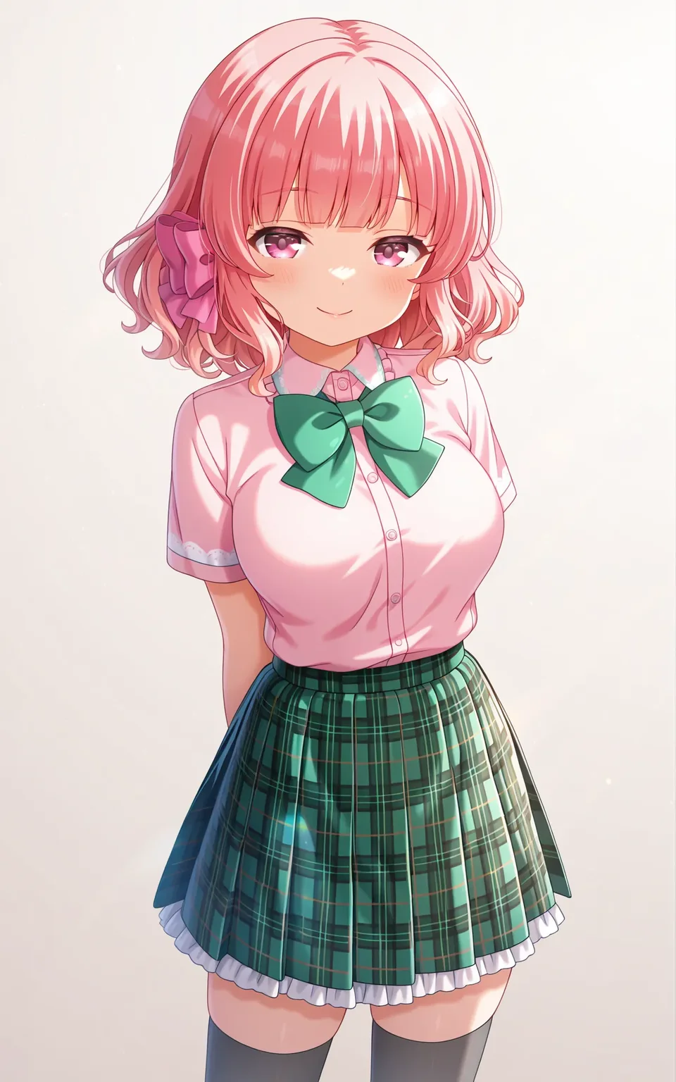 masterpiece,best quality,good quality,amazing quality,newest,4k,perfect lighting,cinematic,very aesthetic,official art,anime screencap,anime coloring,(white background, simple background:1.5),
1girl,solo,nitta moeka,pink hair,hair bow,m_seio3,pink shirt,short sleeves,green bowtie,green skirt,plaid skirt,frills,black thighhighs,zettai ryouiki,
seductive smile, looking at viewer,facing viewer,standing,arms behind back,hands behind back,contrapposto,cowboy shot,BREAK
<lora:ILmoeka2:1>