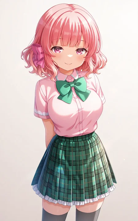 masterpiece,best quality,good quality,amazing quality,newest,4k,perfect lighting,cinematic,very aesthetic,official art,anime screencap,anime coloring,(white background, simple background:1.5),
1girl,solo,nitta moeka,pink hair,hair bow,m_seio3,pink shirt,short sleeves,green bowtie,green skirt,plaid skirt,frills,black thighhighs,zettai ryouiki,
seductive smile, looking at viewer,facing viewer,standing,arms behind back,hands behind back,contrapposto,cowboy shot,BREAK
<lora:ILmoeka2:1>