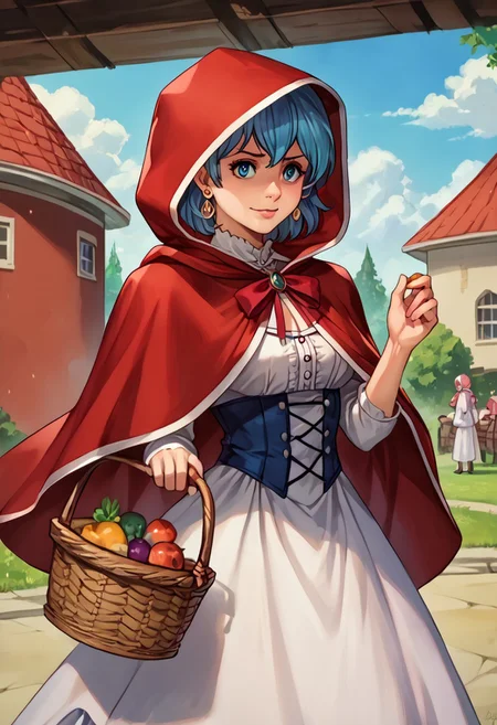 score_9, score_8_up, score_7_up, source_anime,
, (best quality) , (highly detailed) ,masterpiece ,absurdres ,detailed face ,beautiful face ,
<lora:pony_xl_Hildegard:0.8>,Hildegard,score_9,score_8_up,1girl,female,kawaii,solo,short hair,earrings blond hair
<lora:little-red-riding-hood-cosplay-ponyxl-lora-nochekaiser:1>, littleredridinghoodcosplay little red riding hood \(grim\) \(cosplay\), red hood, basket, hooded capelet, red capelet, holding basket, red cloak, hood,,
OverallDetail