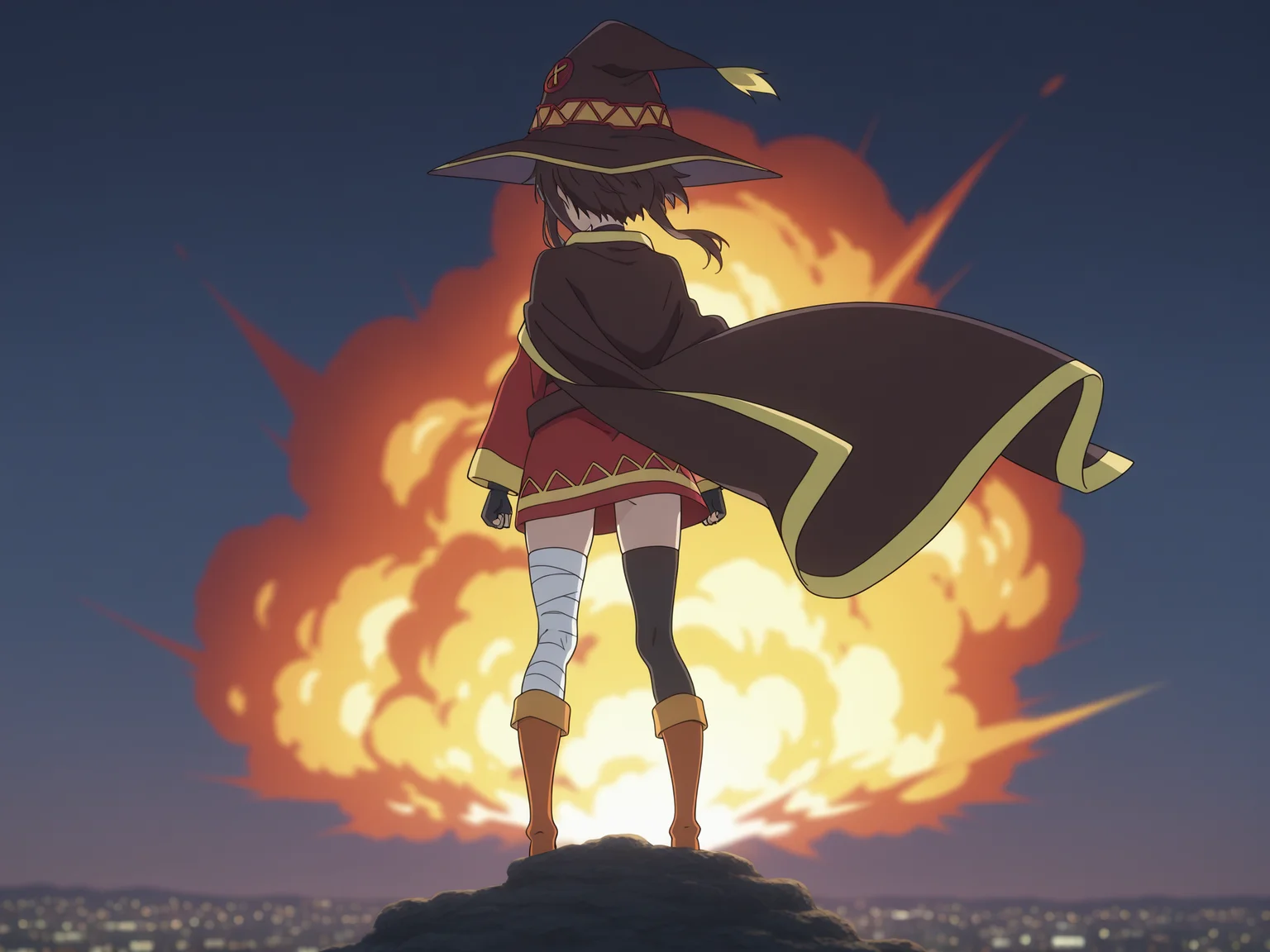 highres, hi res, best quality, masterpiece, 2d, intricate details, 4k, anime coloring, countershading,
1girl, solo, female, short hair, sidelocks, megumin, magical girl, 
Belt choker, red dress, off-shoulder dress, Black gloves, fingerless gloves, Belt, mismatched legwear, asymmetrical legwear, bandaged leg, black thighhighs, knee boots, hat, Black cape,
explosion, nuclear explosion, nuclear mushroom cloud, winter clothes, winter, shock wave,
full body, outdoors, from behind, blurry, floating hair, depth of field, wind, nature, facing away, night, night city, cityscape, city lights, 
<lora:kyoto_animation_ILXL:1>, kyoto animation,