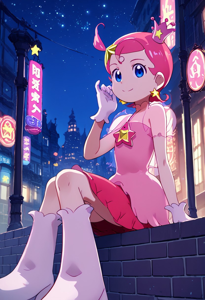 score_9, score_8_up, score_7_up,source_anime,japan street view, city view,komettosan, crown, head star accessory, ear accessory, female, pink hair, short hair, blue eyes, one piece dress,smile,sitting,boots,night, star,white gloves,comets