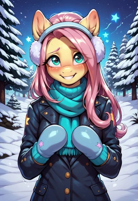 score_9, score_8_up, score_7_up, score_6_up, semi-realistic artwork, detailed background, high quality, vibrant colors, best quality rendering, intricate details, high resolution, sharp focus, best render quality, (background-winter forest, snow, night, stars, glowing stars), close up view, focus on face,
1girl, solo, Fluttershy (anthro pony), 18 yo, long hair, narrow shoulders, skinny, shiny skin, small perky breasts,
wearing a winter coat, scarf, mittens, fluffy winter earmuffs,
dynamic pose, shivering,
shy, blush, blushing, embarrassed, happy, smiling, looking at viewer, hot breath,