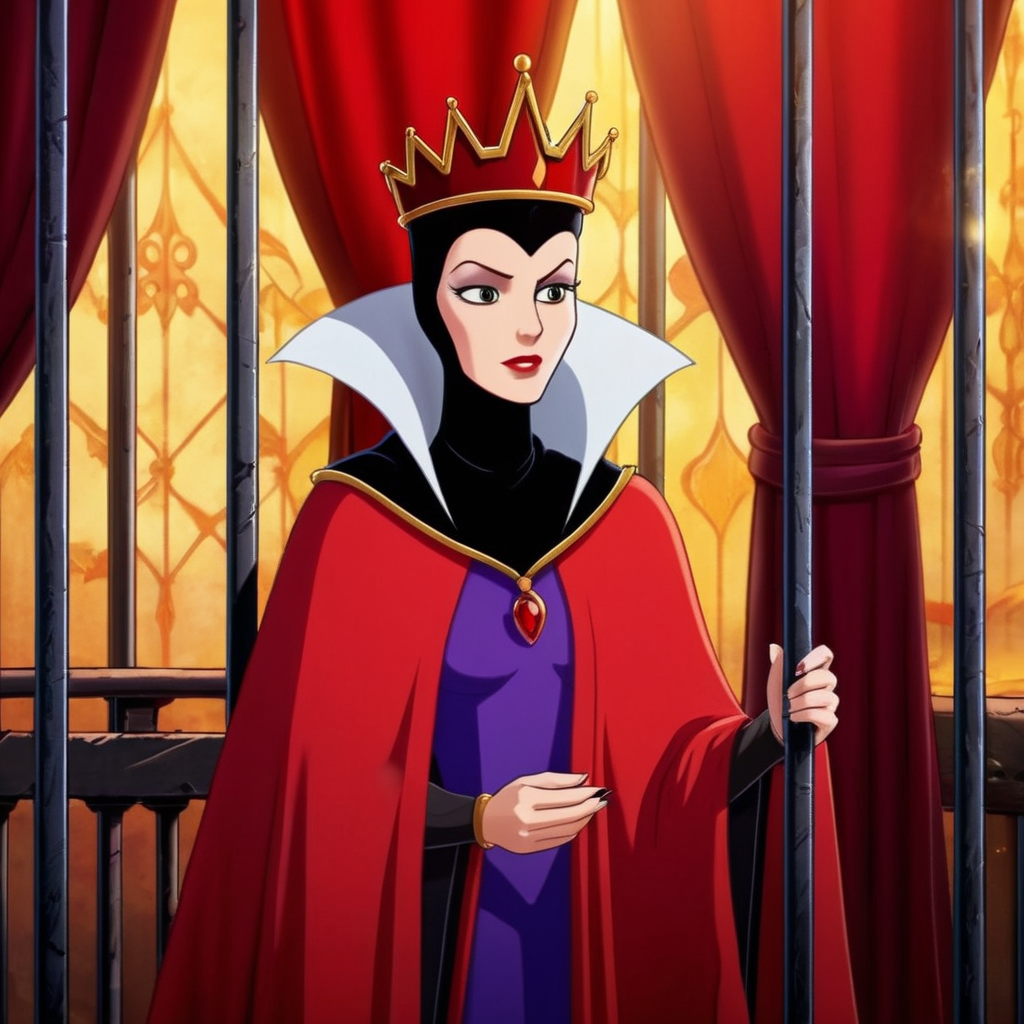 anime artwork of  <lora:Evil Queen v3:1> sharp detailed cinematic film look of 
Evil Queen a medium shot of a cartoon character is behind a fence in a room with red curtains while staring at camera 1500s  15th century, anime style, key visual, vibrant, studio anime,  highly detailed