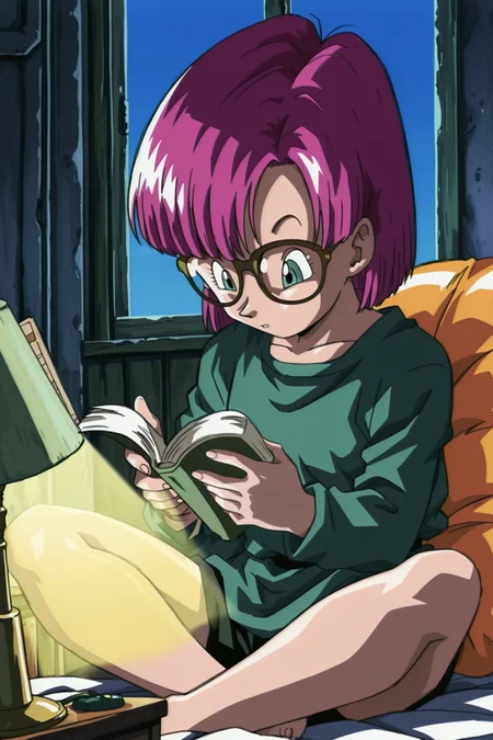 anime screencap, anime coloring, detailed face, perfect fingers, masterpiece, best quality, very aesthetic, absurdres, volumetric lighting, 
blue sky, outdoors,
 <lora:Chrono_Trigger_anime_cutscene_style:1>
Chrono Trigger style, retro artstyle, 1990s (style),
Lucca (character)  solo, 1girl, glasses, lamp, sitting, green shirt, short hair, purple hair, light, indian style, red hair, reading, shirt, desk lamp, long sleeves