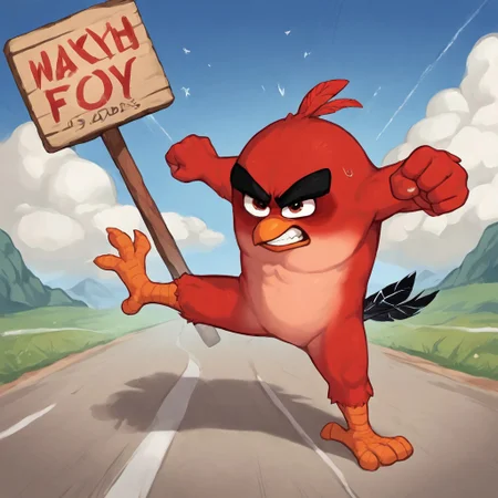 angry birds, red_bird, score_9, score_8_up, score_7_up, score_6_up, score_5_up, score_4_up, source_furry, hi res, sfw. 2D artwork.
red plumage, black eyebrows, thick eyebrows, small beak, brown eyes, round body, red head tuft, tail feathers, (feathered hands), winged arms, under-eye circles, bird, short legs, solo, robust body, mature male, small feet, short legs, wings
kicking a sign, kicking, sign, angry expression, standing, clenched teeth, clenched fists.
On a road, blue sky, clouds.