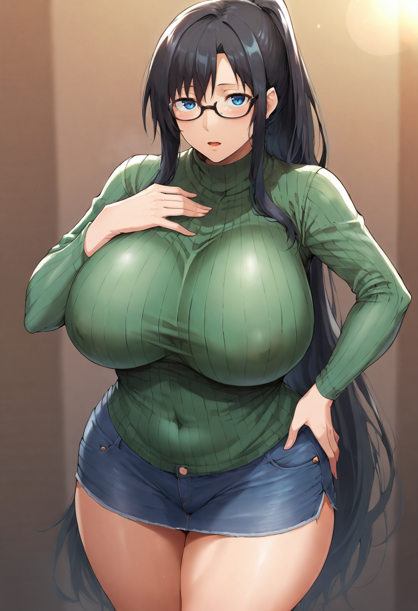 score_9, score_7_up,  1girl, 
huge breasts, wide hips, thick thighs, turtleneck sweater, long sleeves, pants, hand on own chest, breasts, denim, sweater tucked in, shirt, white shirt, green sweater, long hair, looking at viewer, alternate breast size, open mouth, blue eyes, jeans, thighs, glasses, curvy, solo, hand on own hip, very long hair, ribbed sweater, sweater, black hair, side slit, turtleneck, ponytail, blush, cowboy shot
 <lora:syatey-Style-PonyXL-GLoRA-000047:1>