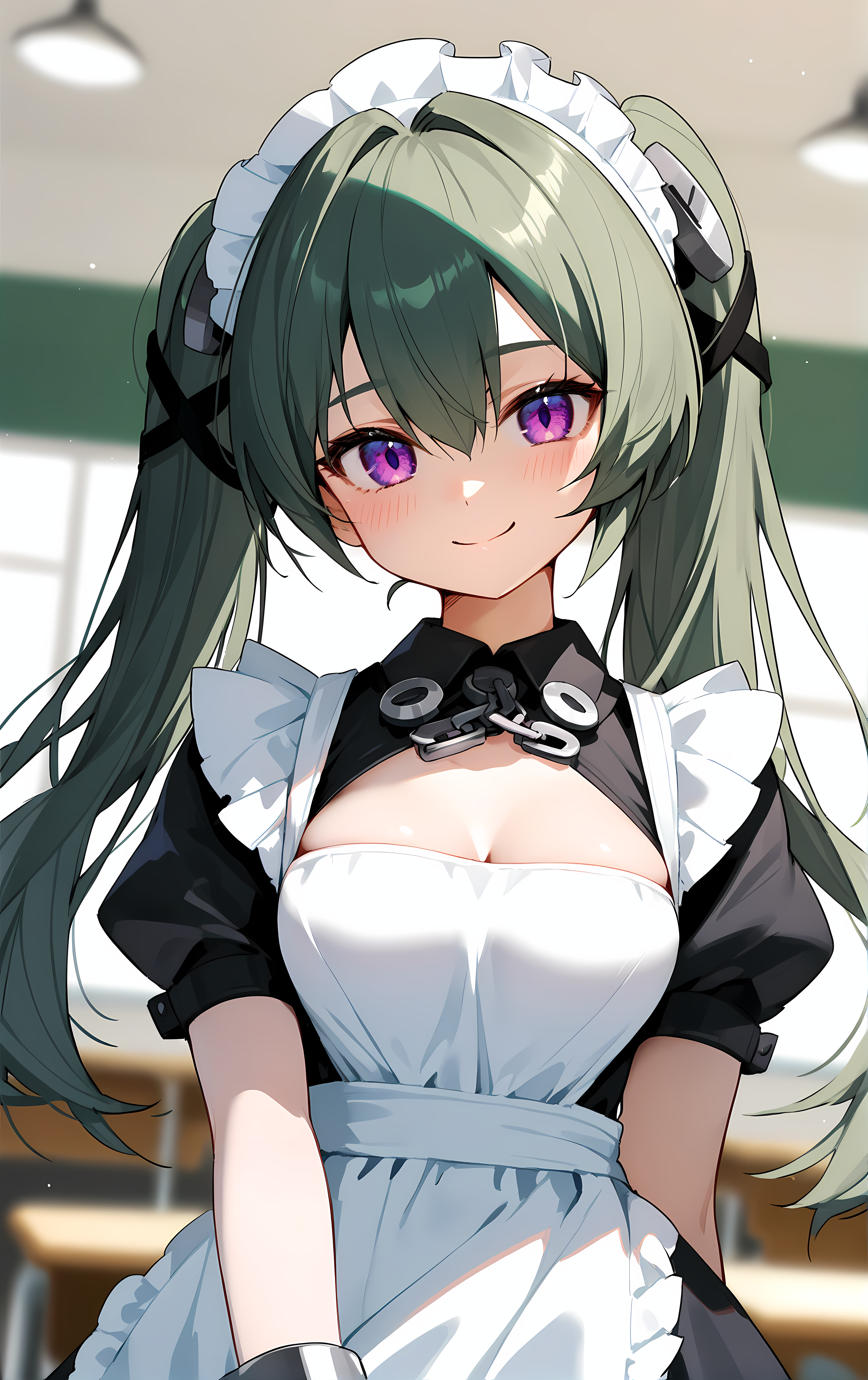 (score_9, score_8_up, score_7_up), blush, smile, closed mouth, medium breasts, shiny skin,
blurry background, upper body, close-up, cowboy shot, dutch angle,
classroom, looking_at_viewer,
corin, 1girl, green_hair, maid_headdress, apron, twintails, solo, purple_eyes, maid, long_hair, short_sleeves, black_dress, dress, maid_apron, puffy_sleeves, white_apron, hair_between_eyes, puffy_short_sleeves, chain, cuffs, wrist_cuffs,
 <lora:corin_wickes_pony_ss:0.9>