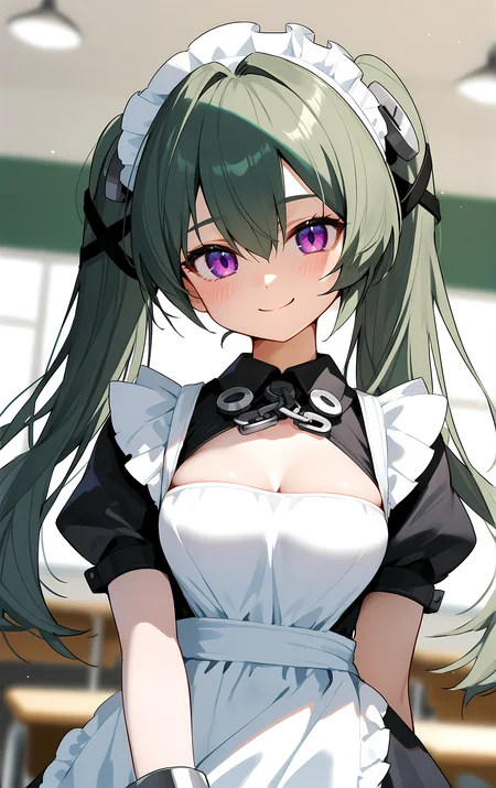 (score_9, score_8_up, score_7_up), blush, smile, closed mouth, medium breasts, shiny skin,
blurry background, upper body, close-up, cowboy shot, dutch angle,
classroom, looking_at_viewer,
corin, 1girl, green_hair, maid_headdress, apron, twintails, solo, purple_eyes, maid, long_hair, short_sleeves, black_dress, dress, maid_apron, puffy_sleeves, white_apron, hair_between_eyes, puffy_short_sleeves, chain, cuffs, wrist_cuffs,
 <lora:corin_wickes_pony_ss:0.9>