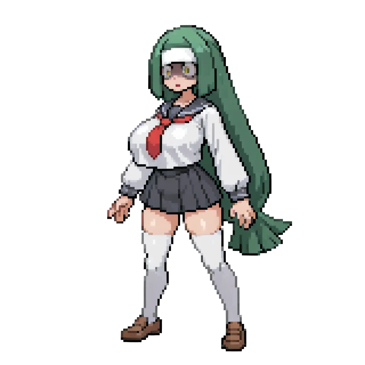 Simple background, white background, <lora:pkspif_nb_v1-2:1>,fullbody, (from front), 1girl, Solo, standing, Big breasts, , <lora:Channeler:1>, Channeler, green hair, long hair, yellow eyes, empty eyes, shaded face, white headband, open mouth, Serafuku, White thighhigh, mini skirt, white shirt, school uniform, red necktie, black skirt, brown shoes