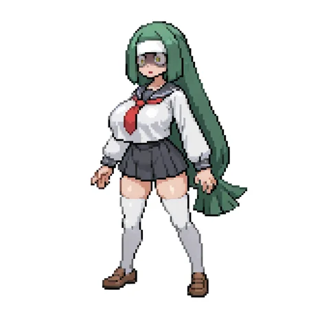 Simple background, white background, <lora:pkspif_nb_v1-2:1>,fullbody, (from front), 1girl, Solo, standing, Big breasts, , <lora:Channeler:1>, Channeler, green hair, long hair, yellow eyes, empty eyes, shaded face, white headband, open mouth, Serafuku, White thighhigh, mini skirt, white shirt, school uniform, red necktie, black skirt, brown shoes