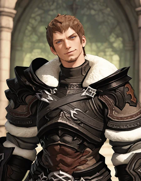 masterpiece, best quality, newest, perfect quality, best quality, detailed background, intricate details, male focus, solo, realistic, <lora:FFXIV - Ardbert Hylfyst - Illustrious 2_3-000004:0.7>, ardbert_ffxiv, 1boy, mature male, short hair, brown hair, blue eyes, goatee, fur-trimmed collar, fur-trimmed pauldrons, armor, head tilt, looking at viewer, smirk