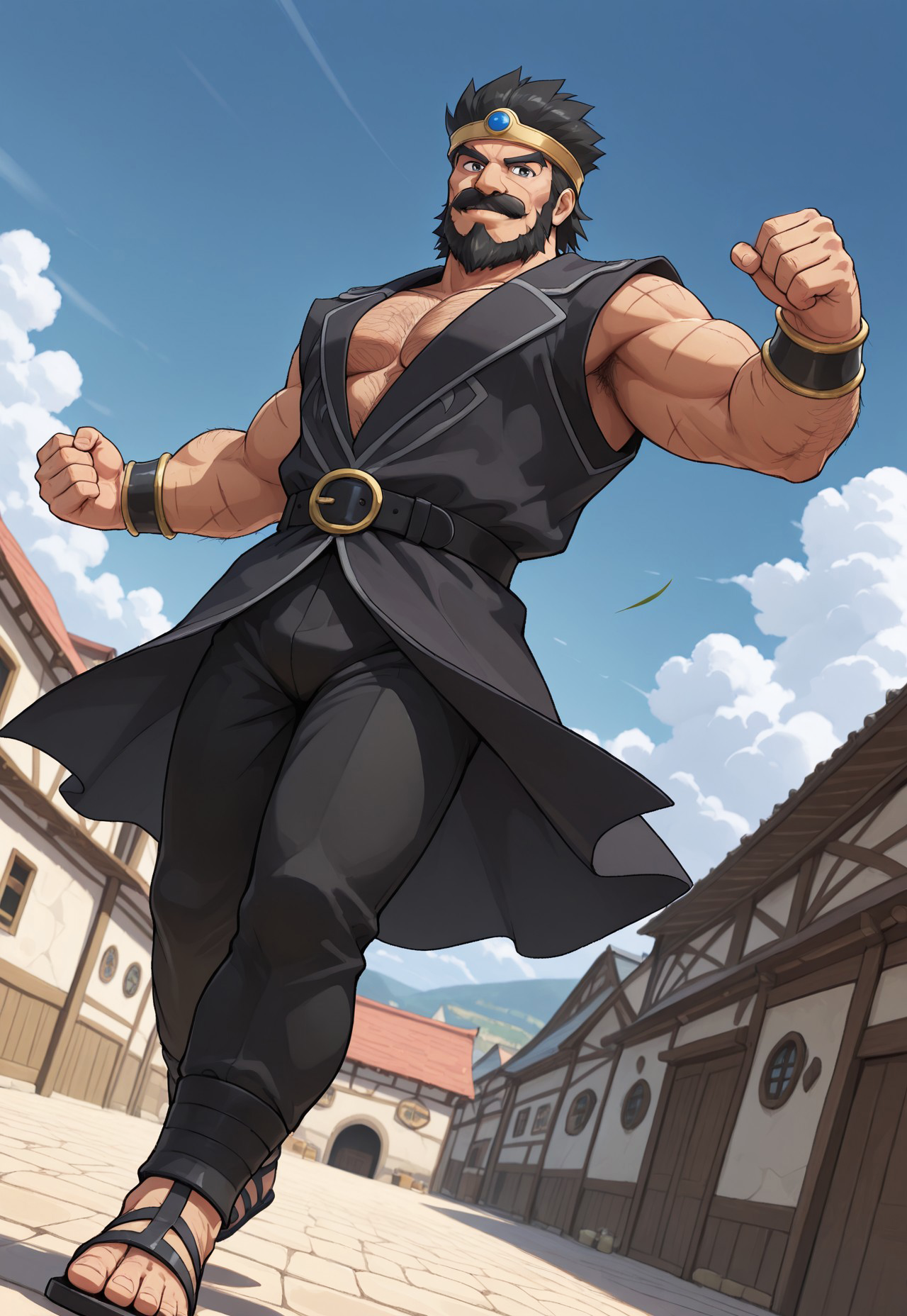 OrtegaDQ, black hair, short hair, gray eyes, beard, mustache, mature male, muscular, circlet, sleeveless black coat, wristbands, black belt, black pants, looking at viewer, smile, dynamic pose, detailed background, dutch angle, old town market, blue sky, clouds, scars on body, hairy arms, hairy chest, walking down, gust of wind, sandals,