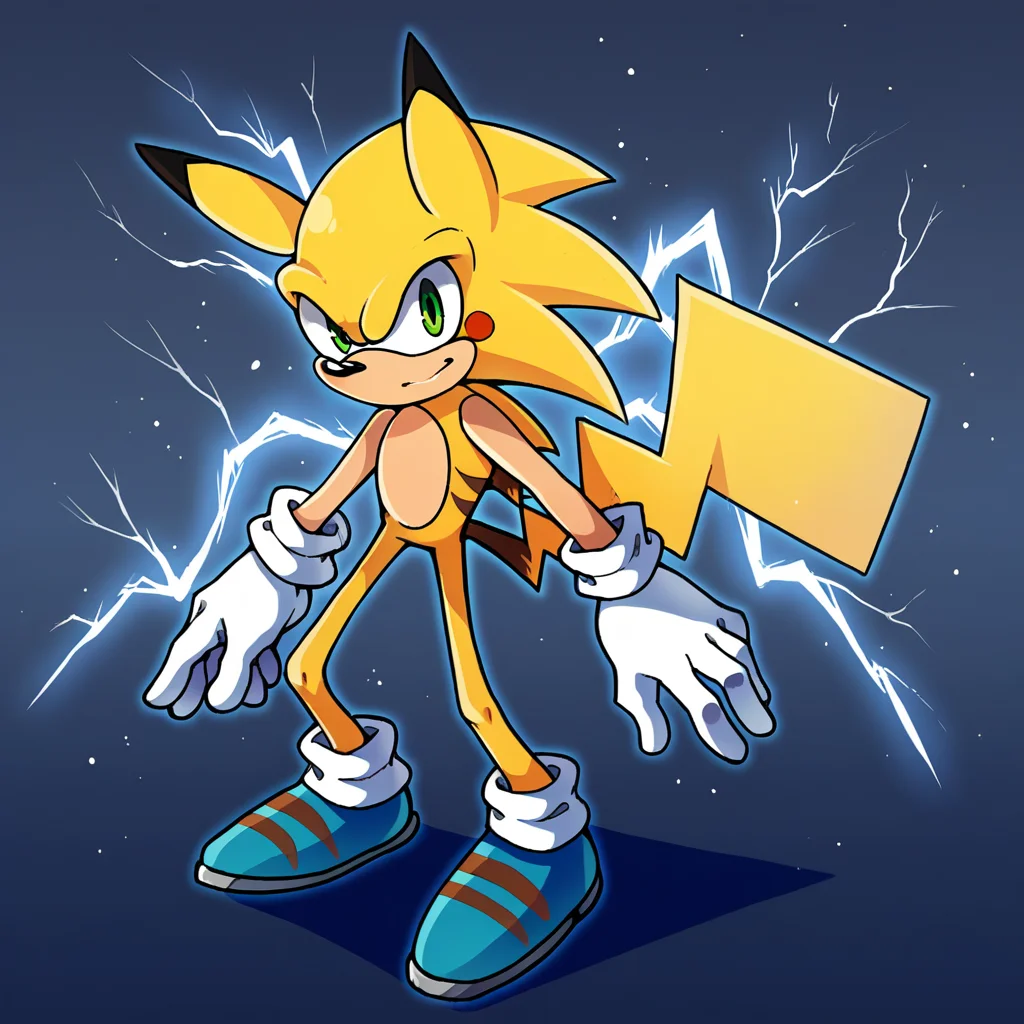 score_9_up, score_8_up, BREAK, source_furry, Sonichu, 1boy, solo, furry, yellow fur, green eyes, tail, white gloves, blue footwear, lightning, light particles, gradient background, <lora:Sonichu_PXL_Leaf1:1>, looking at viewer,