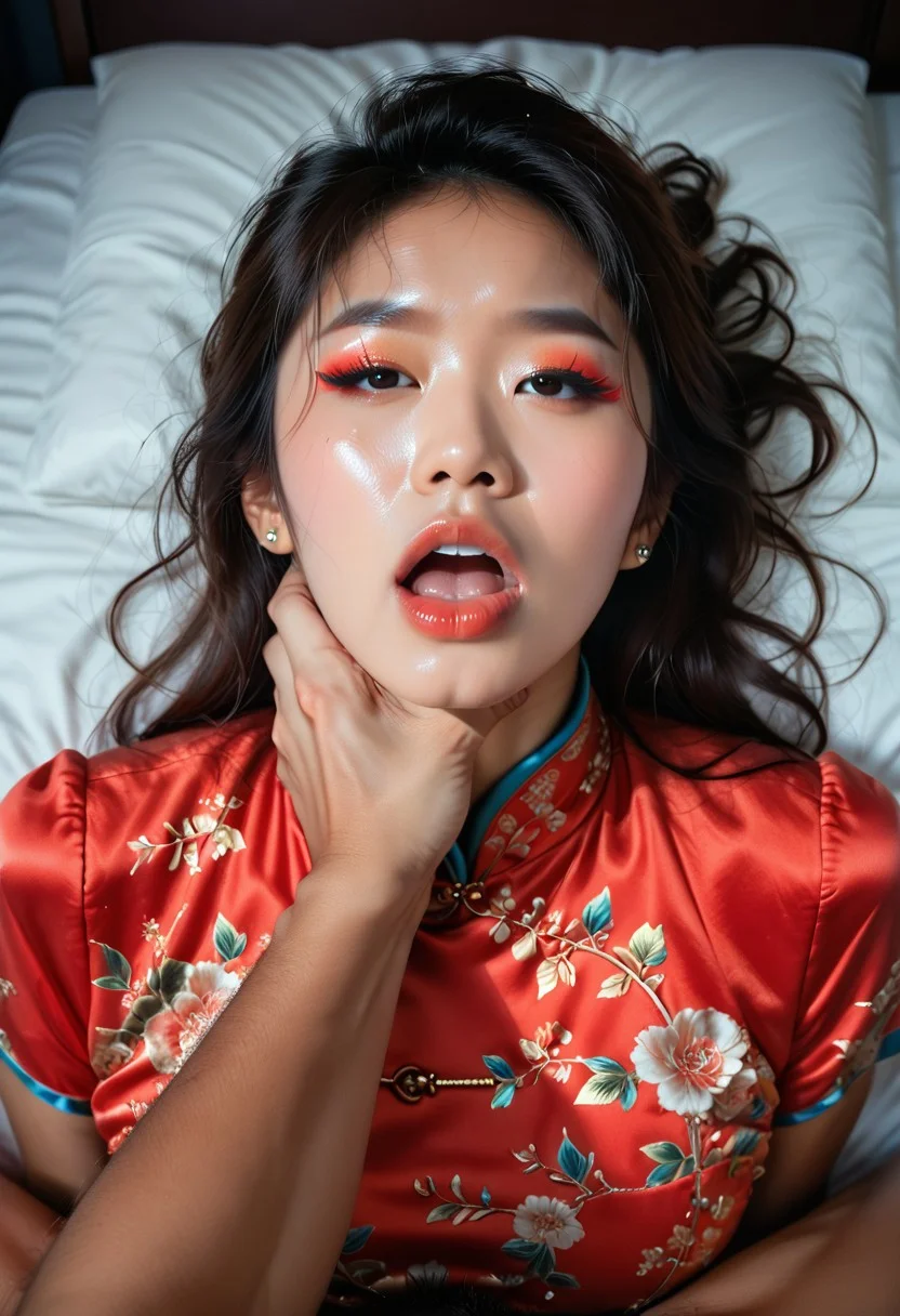 score_9, score_8_up, score_7_up, score_6_up, (asian), hetero, 1girl lying on her back on a bed, wearing a sexy red chinese qipao, looking at viewer, detailed, realistic, low lights, masterpiece, highly detailed, beautiful hair, makeup, jewellery, accessories, neckchoke, 1girl, 1boy, hand on neck, pov choke, frowning, mouth open, eyes rolling back, night time, dark room