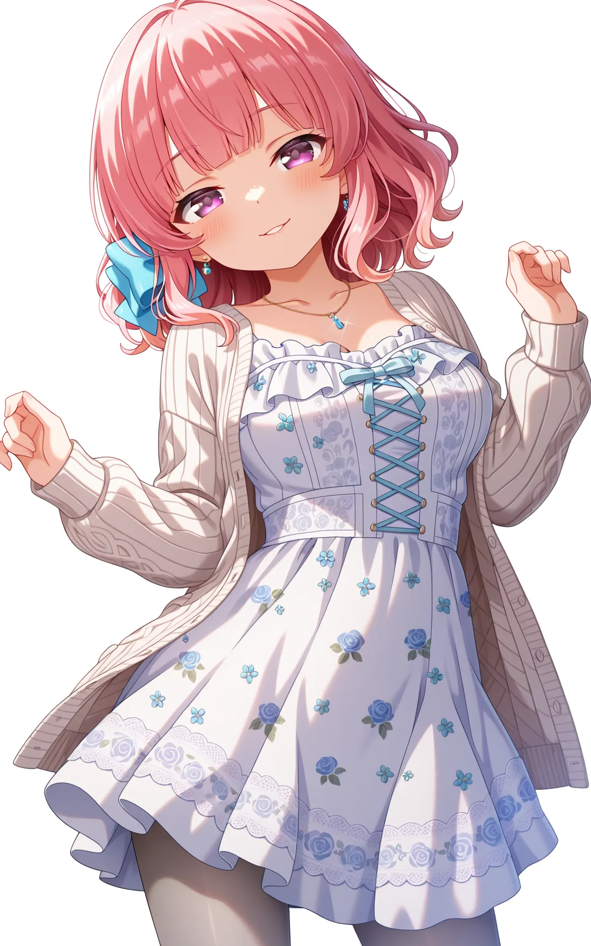 masterpiece,best quality,good quality,amazing quality,newest,4k,perfect lighting,cinematic,very aesthetic,official art,anime screencap,anime coloring,(white background,simple background:1.5),
1girl,solo,nitta moeka,purple eyes,pink hair,long hair,blue hair bow,
m_casual1,collarbone,jewelry, necklace,white cardigan,open cardigan,white dress,floral print,long sleeves,blue cross-laced dress,frills,grey pantyhose,
seductive smile, looking at viewer,facing viewer,standing,contrapposto,cowboy shot,BREAK
<lora:ILmoeka2:1>