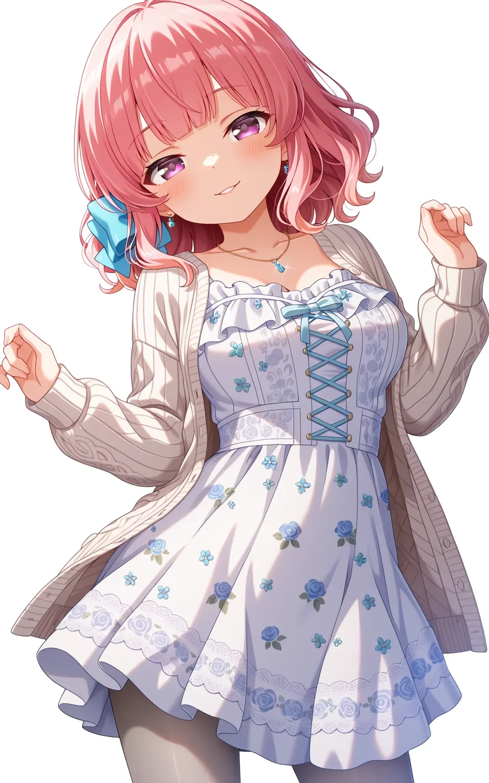masterpiece,best quality,good quality,amazing quality,newest,4k,perfect lighting,cinematic,very aesthetic,official art,anime screencap,anime coloring,(white background,simple background:1.5),
1girl,solo,nitta moeka,purple eyes,pink hair,long hair,blue hair bow,
m_casual1,collarbone,jewelry, necklace,white cardigan,open cardigan,white dress,floral print,long sleeves,blue cross-laced dress,frills,grey pantyhose,
seductive smile, looking at viewer,facing viewer,standing,contrapposto,cowboy shot,BREAK
<lora:ILmoeka2:1>