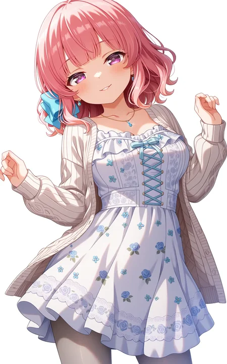 masterpiece,best quality,good quality,amazing quality,newest,4k,perfect lighting,cinematic,very aesthetic,official art,anime screencap,anime coloring,(white background,simple background:1.5),
1girl,solo,nitta moeka,purple eyes,pink hair,long hair,blue hair bow,
m_casual1,collarbone,jewelry, necklace,white cardigan,open cardigan,white dress,floral print,long sleeves,blue cross-laced dress,frills,grey pantyhose,
seductive smile, looking at viewer,facing viewer,standing,contrapposto,cowboy shot,BREAK
<lora:ILmoeka2:1>