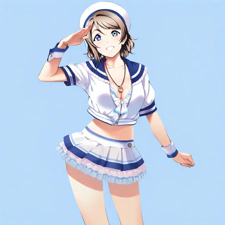 cowboy shot, looking at viewer, salute, GsSwimsuit, you watanabe, blue eyes, brown hair, short hair, swept bangs, medium breasts, highres, masterpiece