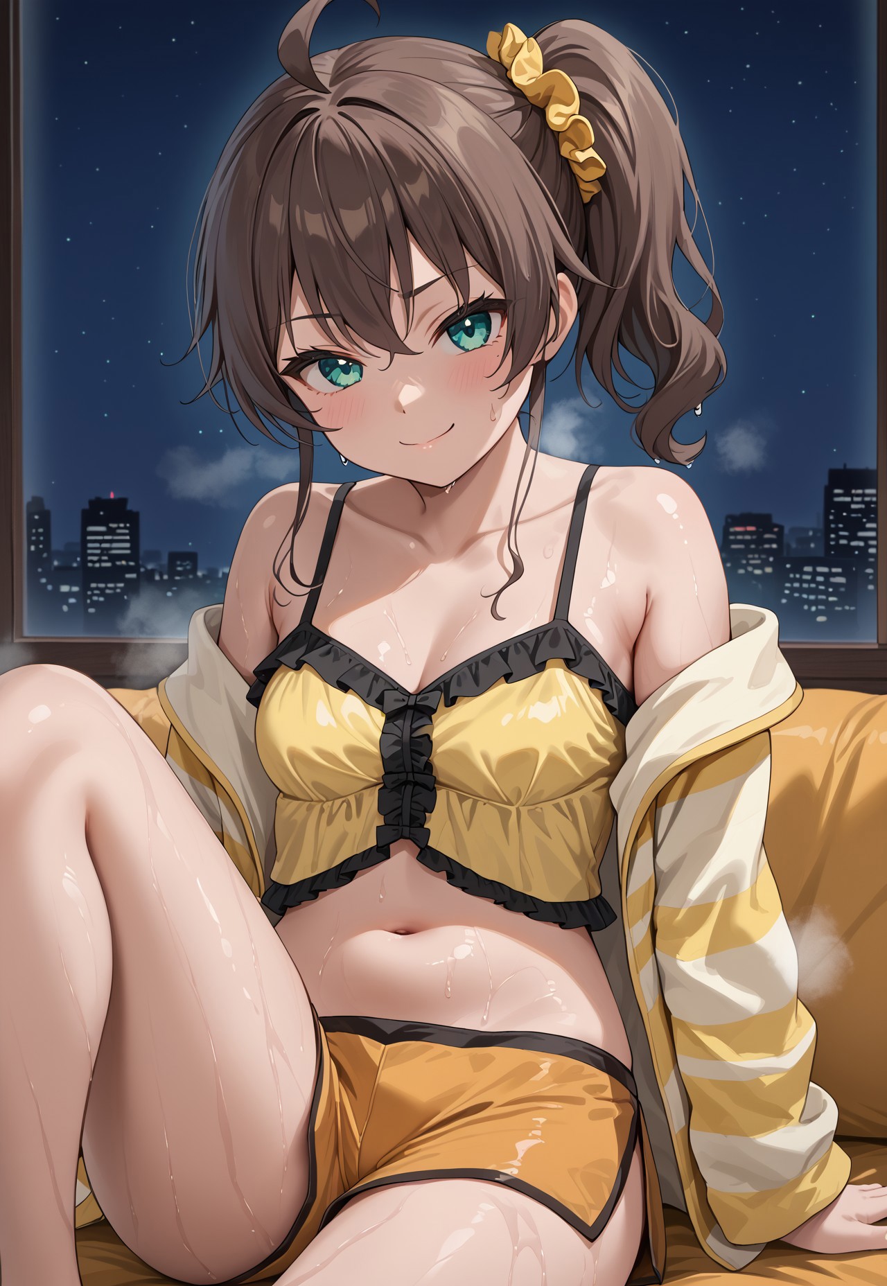 safe_pos, 1girl, solo, solo focus, highres, absurdres, Matsuri2nd, brown hair, bangs, side ponytail, ahoge, hair scrunchie, hair between eyes, hair ornament, aqua eyes, yellow scrunchie, medium hair,

small breasts, midriff, navel, collarbone, bare shoulders, cleavage, camisole, frills, short shorts, orange shorts, yellow jacket, open jacket, striped jacket, long sleeves,

looking at viewer, smug, closed mouth, sitting, leg up, 

(((wet, sweat, sweatdrop, steaming body,)))

cityscape, neon lights, window, dark, night, night sky, light particles, backlighting, 