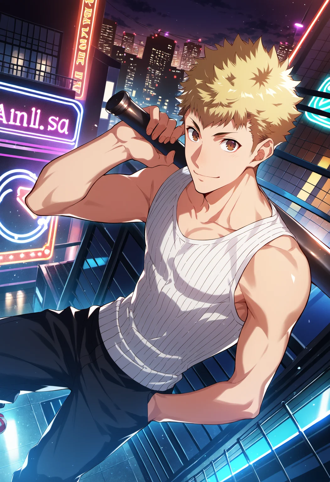 score_9, score_8_up, score_7_up, 1boy, male focus, solo, source_anime,
<lora:Ryuji_P5_-_Pony2:0.9> ryuji, brown eyes, blonde hair, short hair,
white ribbed tank top, muscle tank top, stringer tank top,
standing on top of a building, looking at viewer, smile, buildings in the background, neon lights, street lights, night, dark,
<lora:artbyl2:0.3> art byl, <lora:AHR:0.25> AHR, <lora:xl_more_art-full_v1:0.2>, <lora:add-detail-xl:1>, best quality, best aesthetic, dynamic angle, amazing quality