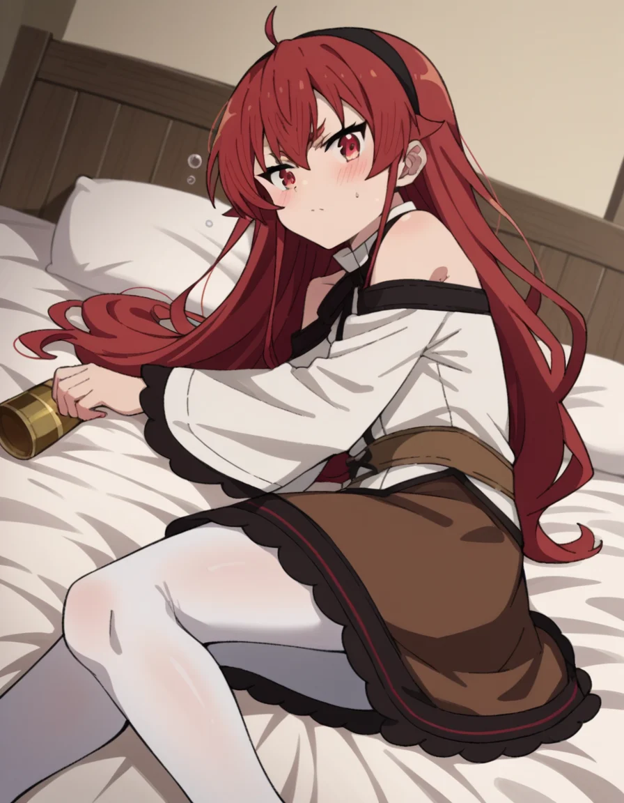 score_9, score_8_up, score_7_up, source_anime,
erisgreyrat, <lora:eris-boreas-greyrat-s1-ponyxl-lora-nochekaiser:1>,
eris greyrat, ahoge, hair between eyes, long hair, red eyes, red hair, sidelocks,
black hairband, black ribbon, brown skirt, hairband, long sleeves, neck ribbon, pantyhose, ribbon, shirt, shoulder cutout, skirt, white pantyhose, white shirt, wide sleeves,
indoors, bed, bed room, on side, blush, drunk,
looking at viewer, dutch angle, cowboy shot,