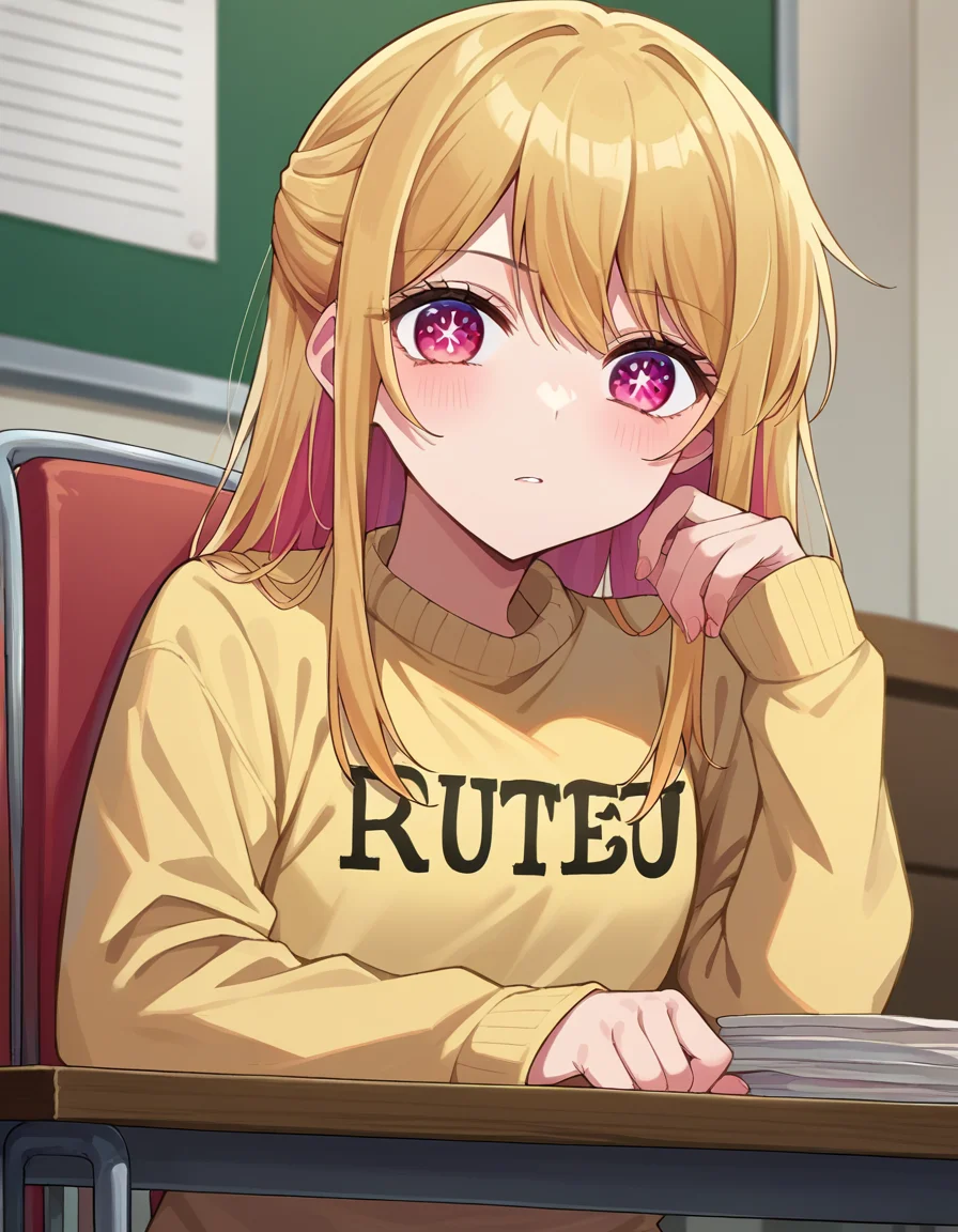 score_9, score_8_up, score_7_up, source_anime,
rubyhoshino, <lora:ruby-hoshino-ponyxl-lora-nochekaiser:1>,
ruby hoshino, long hair, bangs, blonde hair, pink eyes, sidelocks, symbol-shaped pupils, multicolored hair, two-tone hair,
shirt, long sleeves, sweater, clothes writing, yellow shirt,
indoors, chair, table, sitting,
looking at viewer, cowboy shot, dutch angle,