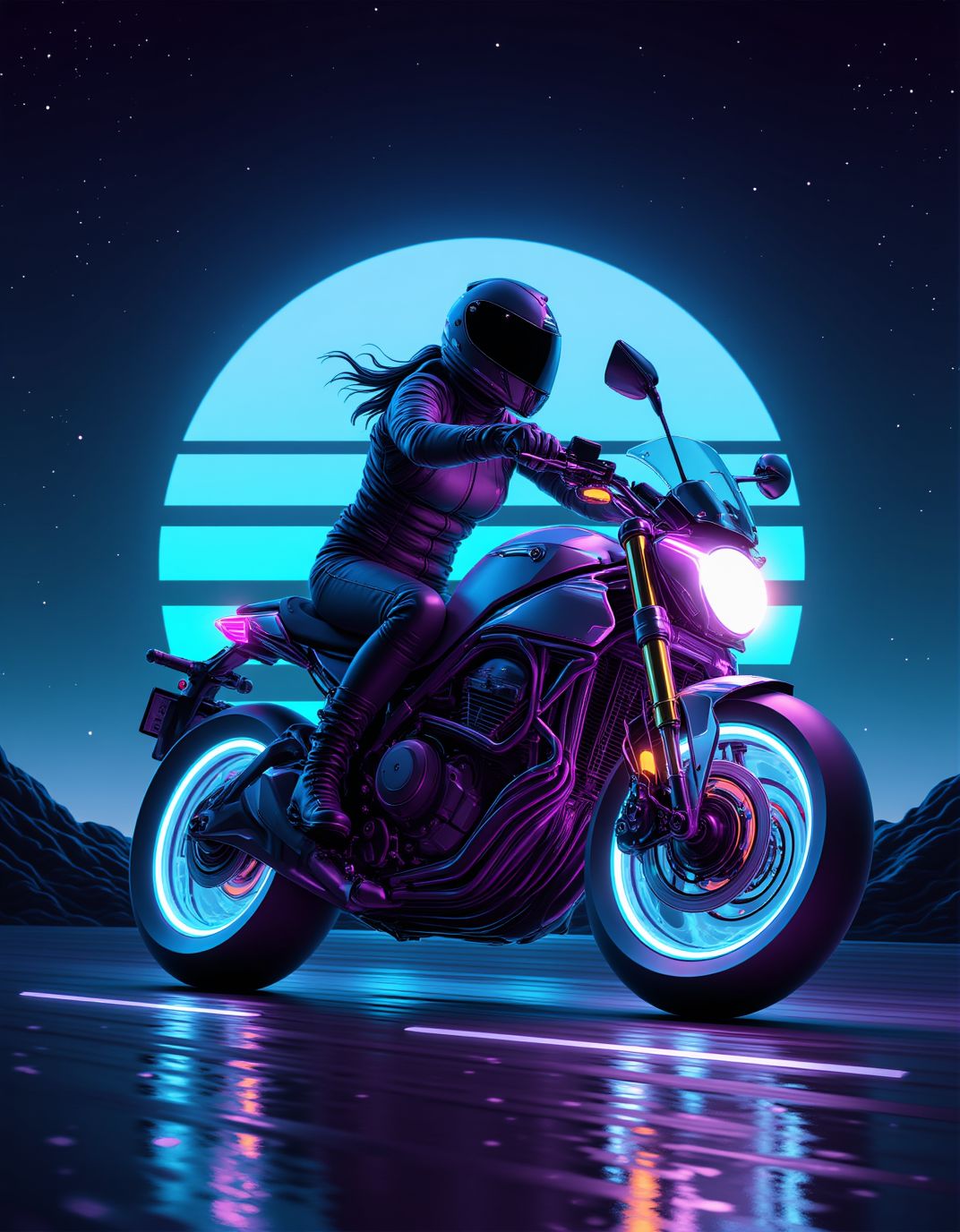 <lora:ck-Neon-Retrowave:1>, ck-nw, in the style of ck-nw, side view of a woman riding a motorcyle, at night, sundown and stary night in the background