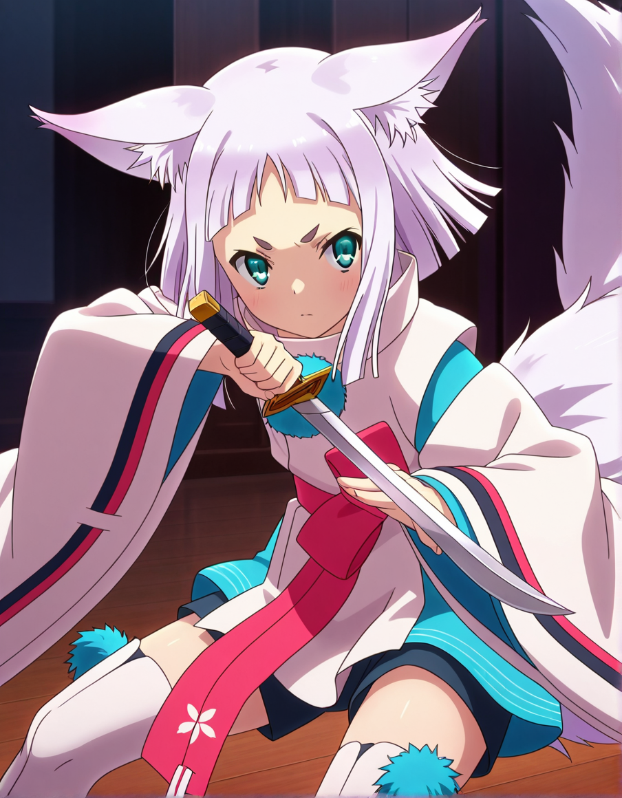 masterpiece, best quality, high quality, 1girl, fighting stance, shorts, white thighhighs, holding short sword, kon_\(tokyo_ravens\), <lora:kon-illu:1>