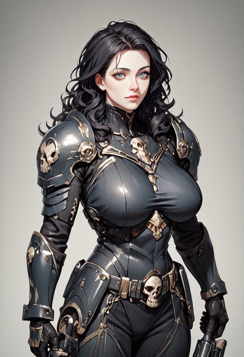 score_9, score_8_up, score_7_up, score_6_up,Expressiveh, 1 girl, curvy body and large (saggy:0.5) breasts,one kneel,holding (a bltgun bolter weapon), 1girl, short wavy hair, black hair, grey eyes,mature, open forehead, detailed eyes,ringed eyes,edgAdepta,gloves,looking at viewer, chain belt ,wearing edgAdepta,power armor,shoulder armor,skull emblem,