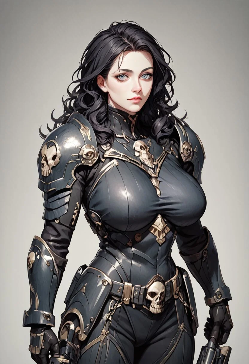 score_9, score_8_up, score_7_up, score_6_up,Expressiveh, 1 girl, curvy body and large (saggy:0.5) breasts,one kneel,holding (a bltgun bolter weapon), 1girl, short wavy hair, black hair, grey eyes,mature, open forehead, detailed eyes,ringed eyes,edgAdepta,gloves,looking at viewer, chain belt ,wearing edgAdepta,power armor,shoulder armor,skull emblem,