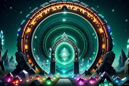 Hyperrealistic art, lush green wooded mountain pass landscape, a fantasy glowing Vivid multi-colored Runes covered made crystalz and marble Circular gate (Circular portal:1.3), fantasy, magic doorway, blue sky, Extremely high-resolution details, photographic, realism pushed to extreme, fine texture, incredibly lifelike,