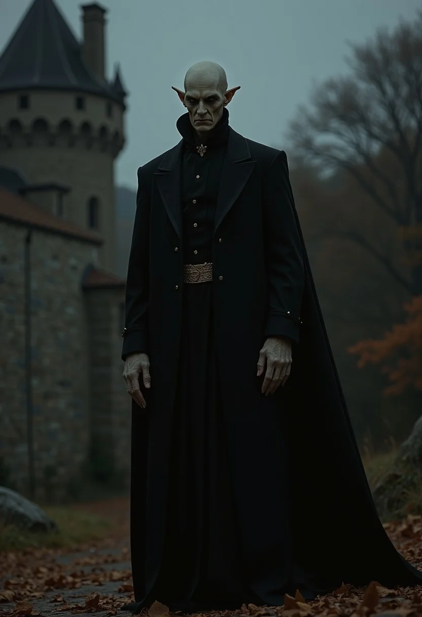 magical night, Stunning beautiful, masterpiece, best quality, extremely detailed photo, super realistic photo, dramatic photo, spiritual, magical mysterious atmosphere, Halloween, vampire Nosferatu, creepy man with bald head and pointy ears, pale skin, creepy face, vampire, tall, thin, stooped, long nails, black long coat, clothes like Nosferatu, bruises under eyes, sickly emaciated face, halloween, standing in front of medieval castle, haunted castle, a guy is standing on the territory of a large castle, a guy is standing in front of a castle, a guy is standing close to a castle, large stone walls, a luxurious suit made of expensive fabrics, thick fabrics in clothes, autumn leaves are flying in the wind, twilight, pale skin, night, autumn, autumn leaves, wind, cold, creepy atmosphere, photo for fashion magazine, photo in vanity fair style, masterpiece, detailed, best quality, highly detailed portrait, high quality, 34K uhd, masterpiece, high detail, 8k