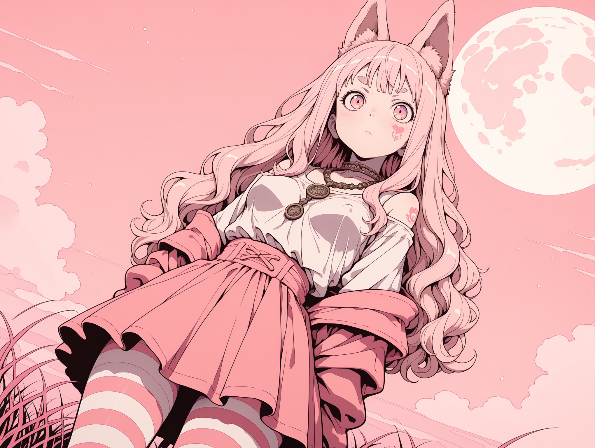 masterpiece,best quality,amazing quality, solo, character focus, outlines, flat color, Vintage, 1990s \(style\), 
harsh shadows,    pastel Pink theme,   vivid colors,     
1girl,  wispy bangs,  wavy hair,   young, skinny, curvy, medium breasts,  patterned striped tights,  animal ears, fur ears, layered necklaces,    pale skin, tattoo,  solo, 
hands behind back, dutch angle, 
    multicolored clothes, split colors, off shoulder,   thick eyebrows,    
 skirt, shirt,
sfw, covered nipples, 
exterior, cliffside, wind-blown grass, full moon sky, 
 <lora:add-detail-xl:2> <lora:Detailer_NoobAI_Incrs_v1:1> <lora:feet_anime_il_v3:1> <lora:hand 5.5:1> <lora:anime_screencap-Illustrious:0.4> <lora:S4bit4mago:1> S4bit4mago_illu, <lora:OldAnimeStyle_XL_v3:0.2> <lora:re4lity:0.3> re4lity_sync_illu  <lora:MJPA:0.2> MJPA <lora:NijijourneyNoob_byKonan:0.6> <lora:Clean_Chibi_Style:-0.8>
