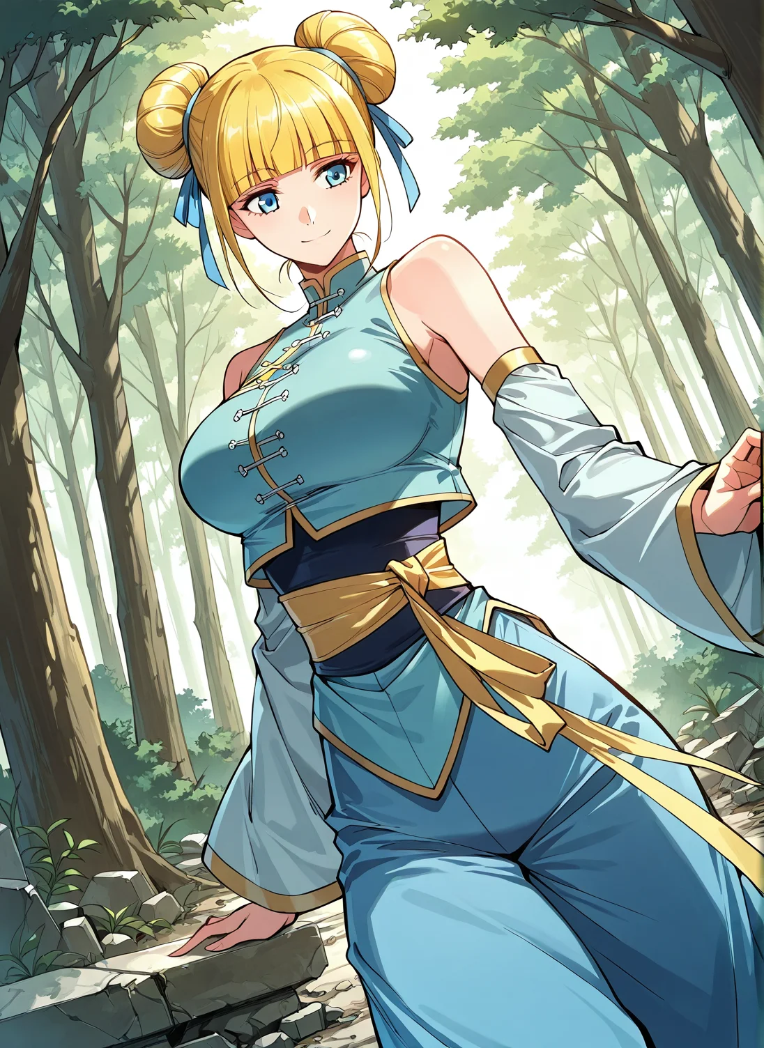 <lora:Meng_Wu:1>
1 girl, solo, blue eyes, blonde hair
chinese clothes, blint bangs, bare shoulders, detached sleeves, hair bun, double bun, blunt bangs, blue pants, baggy pants
score_9, score_8_up, score_7_up, very aesthetic, source_anime, detailed, high quality, beautiful, masterpiece, detailed eyes, forest, tree, ruins, cowboy shot, dynamic angle, upper body, light smile, big breasts, dynamic pose