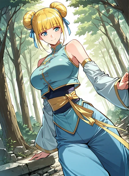 <lora:Meng_Wu:1>
1 girl, solo, blue eyes, blonde hair
chinese clothes, blint bangs, bare shoulders, detached sleeves, hair bun, double bun, blunt bangs, blue pants, baggy pants
score_9, score_8_up, score_7_up, very aesthetic, source_anime, detailed, high quality, beautiful, masterpiece, detailed eyes, forest, tree, ruins, cowboy shot, dynamic angle, upper body, light smile, big breasts, dynamic pose