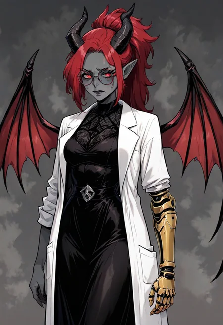 masterpiece, best quality, newest, absurdres, highres, FCOMV1.0, 1girl, SOPHV2.0, demon girl, grey skin, colored skin, glasses, round eyewear, prosthetic arm, prosthesis, lab coat, dress, black dress, open coat, red hair, horns, black horns,wings, demon wings, red wings,