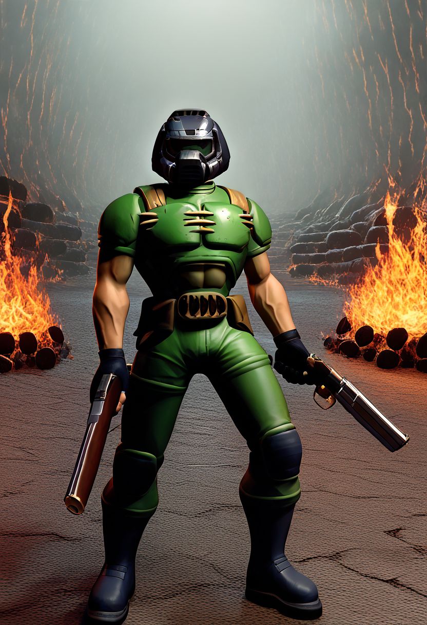 score_9, score_8_up, source_anime, 1boy, solo,  doomguy, 1boy, armor, helmet, green pants, gloves, 3d, hell background, fire background, holding shotgun, shotgun, full body,