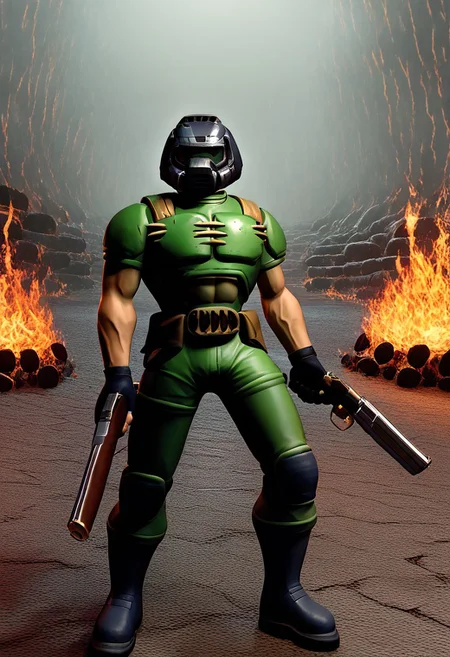 score_9, score_8_up, source_anime, 1boy, solo, doomguy, 1boy, armor, helmet, green pants, gloves, 3d, hell background, fire background, holding shotgun, shotgun, full body,