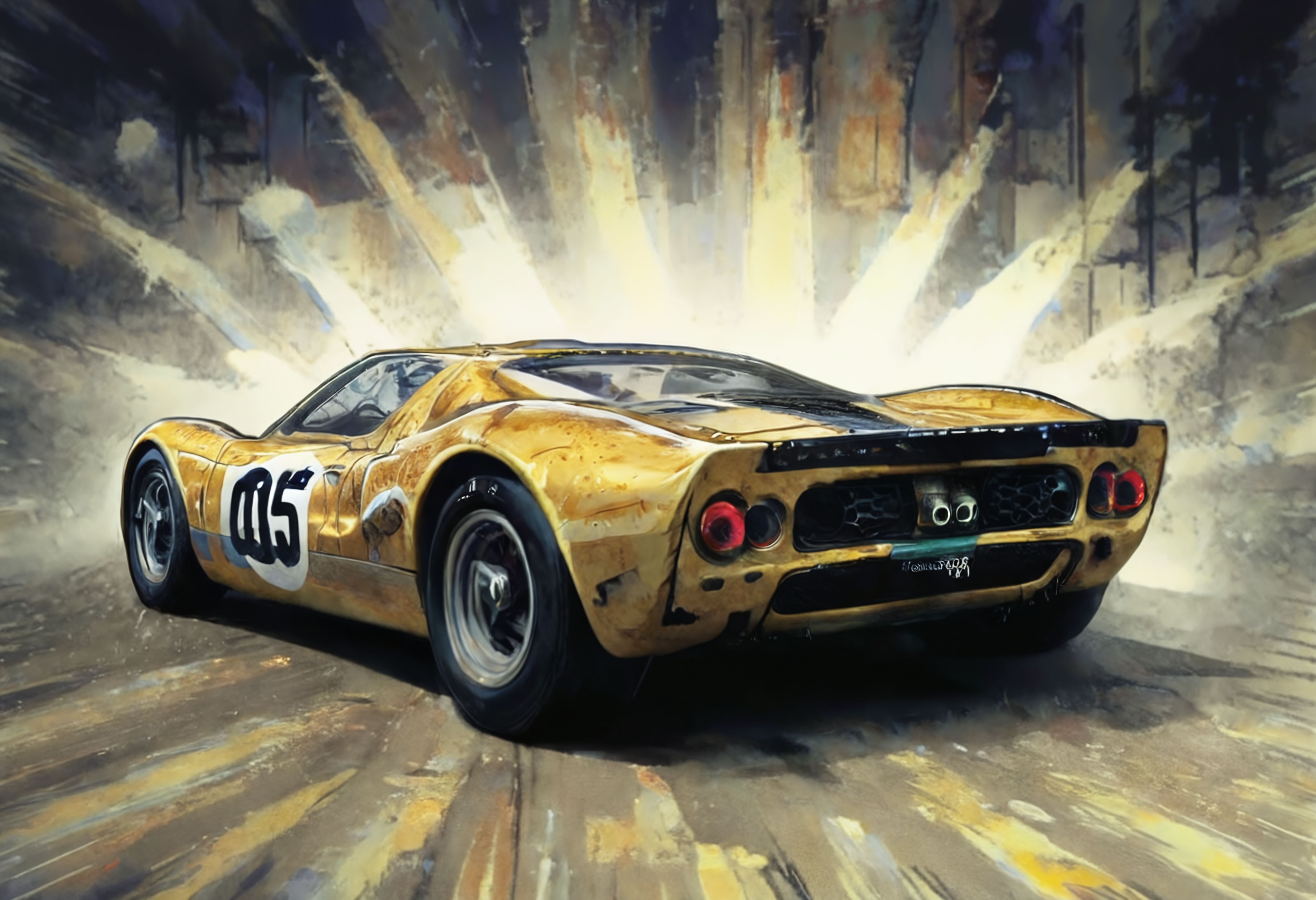 a bendaydots, retro comic, pop art illustration of a  Honey Gold fordgt40, l960sm1deng1ne, on a gradient background in the rain, grunge dirt smudges, dynamic speed motion blur, rear 3/4 view ,  ,  dark, chiaroscuro, low-key  low color saturation, concept art, perfect composition, masterpiece, professional photography, zeiss lens, shot on dslr 64 megapixels, sharp focus, intricately detailed, dramatic, tilt shift, f/32,