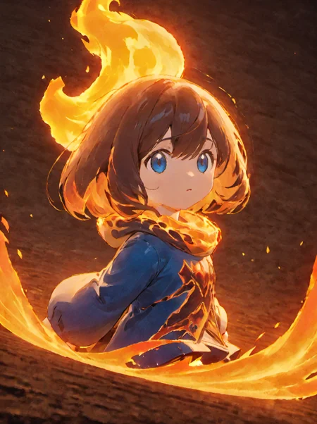 palworld-flambelle, <lora:palworld_flambelle_xl_lora_v3:0.55>,
1girl, (solo:1.1), toned, henshin, dynamic pose, raised fist, medium breasts, intricate dark brown hair, blue eyes, (bob cut:1.0), brave, powerful, serious, determined, dominant, engulfed by flames, surrounded by flames, flames covering breasts, glowing lines, detailed ultra photorealistic transformation sequence, parallel world, world of fire, flames, outdoors, cinematic lighting, cinematic angle, anime artwork, anime style, key visual, vibrant, studio anime, highly detailed, anime coloring, newest, masterpiece, best quality, modern