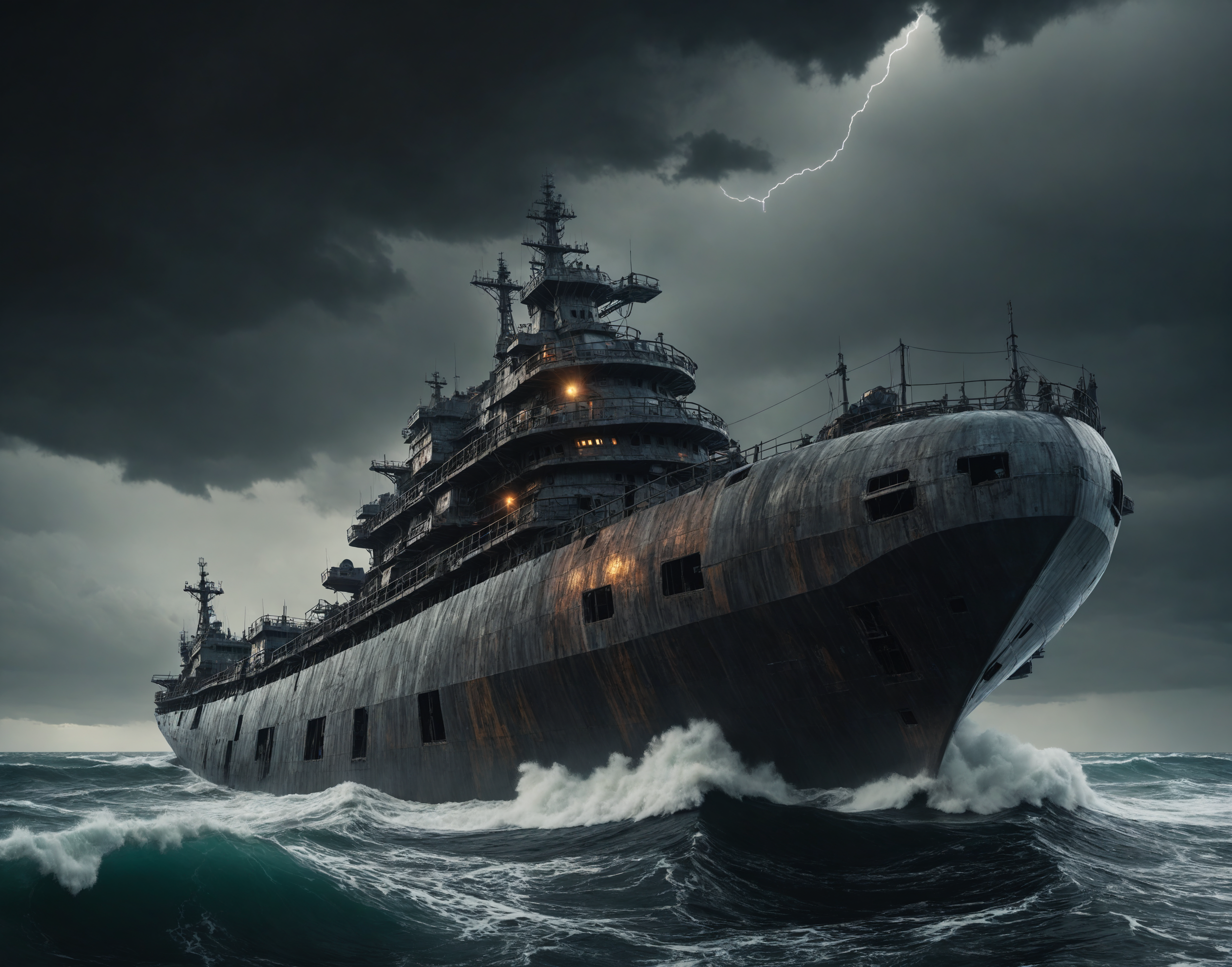 futuristic ship, futuristic, post apocalyptic, stormy sea, dark atmosphere, Fujichrome Provia 100F, F/8, RTX, photolab, high quality photography, 3 point lighting, flash with softbox, 4k, Canon EOS R3, hdr, smooth, sharp focus, high resolution, award winning photo, 80mm