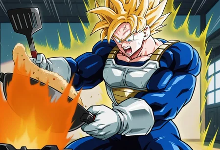 1 boy, indoors, tatami,
muscular, massive muscles, very muscular, thick arms, thick legs, solo, angry, fighting stance, muscles growing, muscles bulging, muscles getting bigger, motion lines, <lora:Super_Saiyan_Third_Grade_Goku-000008>, upper_teeth, open mouth, gasping, screaming, shouting,
open mouth, serious, screaming, <lora:NOOB_vp1_detailer_by_volnovik_v1:1>, cowboy_shot, fire, kitchen, indoor, holding a pot in hand, food, fried rice, holding, frying pan, flipping food, rice, stove, angry, sweat, fighting, intense shadows, Cinematic Lighting, constricted pupils, glowing_eye, bloodshot eyes, (wok spatula:1.4), (fire:1.4), floating rice, (fried rice:1.2), anger vein,
spiked hair, yellow hair, super saiyan, blue eyes, saiyan armor, blue bodysuit, white gloves, looking_down, looking_at_food,
gas stove,