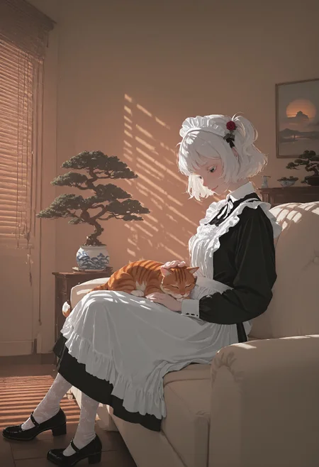 masterpiece, best quality, very aesthetic, highly detailed, absurdres, 1girl, solo, maid, maid apron, black dress, short skirt, long sleeves, black mary jane shoes, white lace pantyhose and maid headdress, white embroidery, pale skin, rose hair ornament, white hair, white eyelashes, white eyebrows, black eyes, glossy lips, short hair, two side up, head tilt, smile, lidded eyes, petting cat, orange tabby cat in lap, sitting on sofa, looking down, from side,
indoors, bonsai tree, end tables, relaxing, warm tone, ((sunlight through venetian blinds, venetian lighting)), porcelain collection, fancy paintings, dawn, morning, sunrise, ambient light, soft light, comiks,fgg, no lineart, flat color