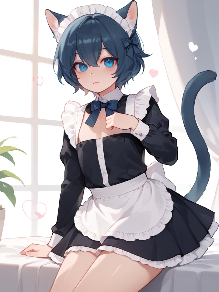 score_9, score_8_up, score_7_up, 1 boy, femboy, cat boy, cat ears, animal ears, animal ear fluff, cat tail, soft lighting, see-through, details blue eyes, maid uniform, cute face, lift skirt, wags his tail, movement lines <lora:Puni:0.9>