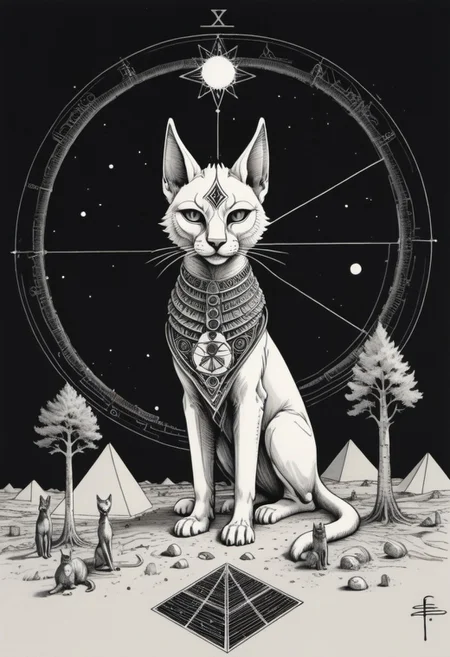a drawing of Lunar Anubis, cat performing alchemy of etheral symbol quintessence, (one paw raised showing the eye of chemigram:1.1 eye of hamesh (with rays coming out of it), OverallDetail forging cluster astral keys.<lora:UFO_Alchemy_sdxl:1.0>,( <lora:symmetrical:1.5> (negative space tetrahedal trees ((revelation of method,PStyl3 )), <lora:Maximalist_Drawing_BW:0.2>)), (map QuinnMora, HaroldFiskMeander background:1.4), framesmade of checkerboard layer, , no human, ((sigil of pyramid, sigil of great power, frames cube FancyTurning:1.5), (three planes) X Y Z in occult space