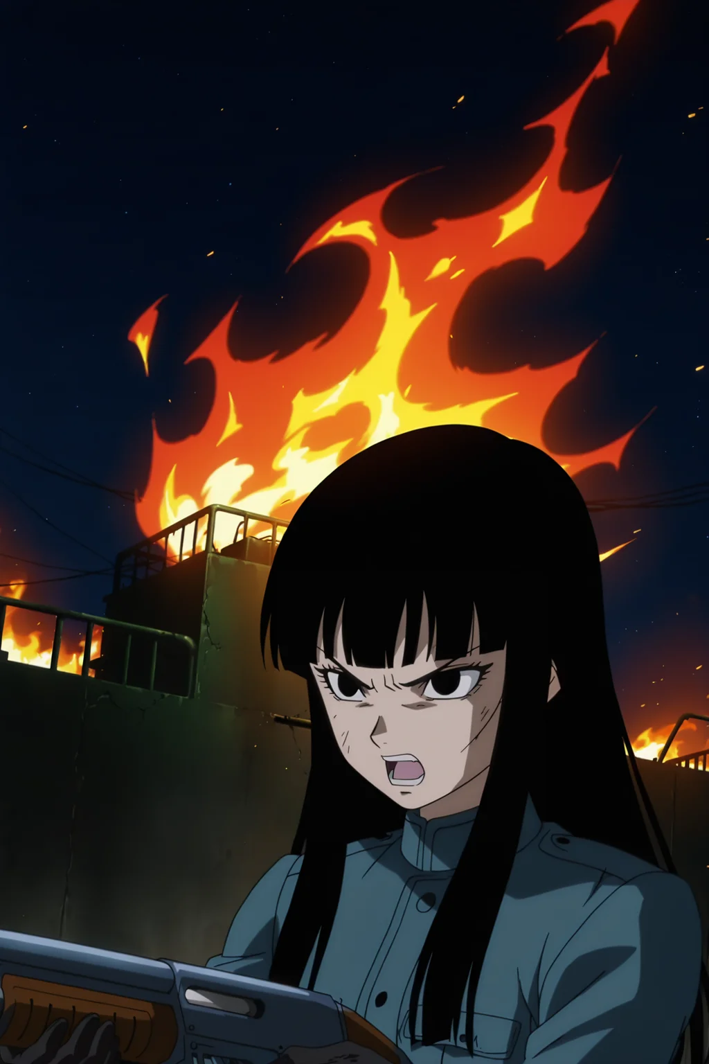 anime screencap, absurdres, high quality, official style,
future mai,long hair, black hair, black eyes, serious, open mouth, upper body, military uniform, black gloves, holding shotgun, furious, ruined city, night sky, fire,
<lora:Mai_IL:0.8>