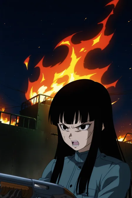 anime screencap, absurdres, high quality, official style,
future mai,long hair, black hair, black eyes, serious, open mouth, upper body, military uniform, black gloves, holding shotgun, furious, ruined city, night sky, fire,
<lora:Mai_IL:0.8>