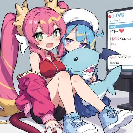 (score_9:0.9),score_8_up,score_7_up,rating_safe,(zPDXL3),sidelocks,parody,official art,2girls,full body,blush stickers,(livestream),sitting,teeth,sidelocks,screen,display,
BREAK pink jacket,ka sikil,red cropped vest,red tail,hair ornament,medium breasts,looking at viewer,open mouth,fang,:d,pink sneakers,black bike shorts,bandaid on knee,
BREAK blue jacket,white dress,lil la,blue demon wings,white sailor hat,half-closed eyes,small breasts,stuffed shark toy,light smile,looking at viewer,blue sneakers,<lora:Live twin ponyXL v1:0.62>,